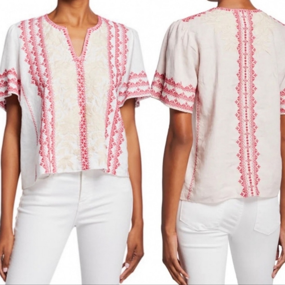 Johnny WAS Pink Cream Embroidered Linen Top Large